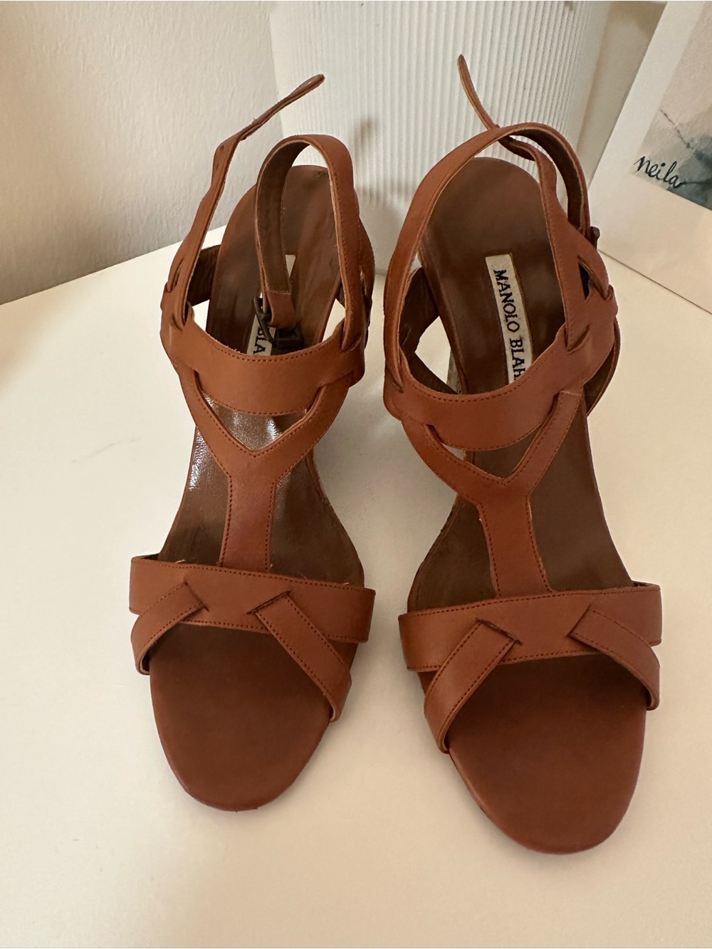 Manolo Blahnik Cognac Leather Strappy Heeled Sandals